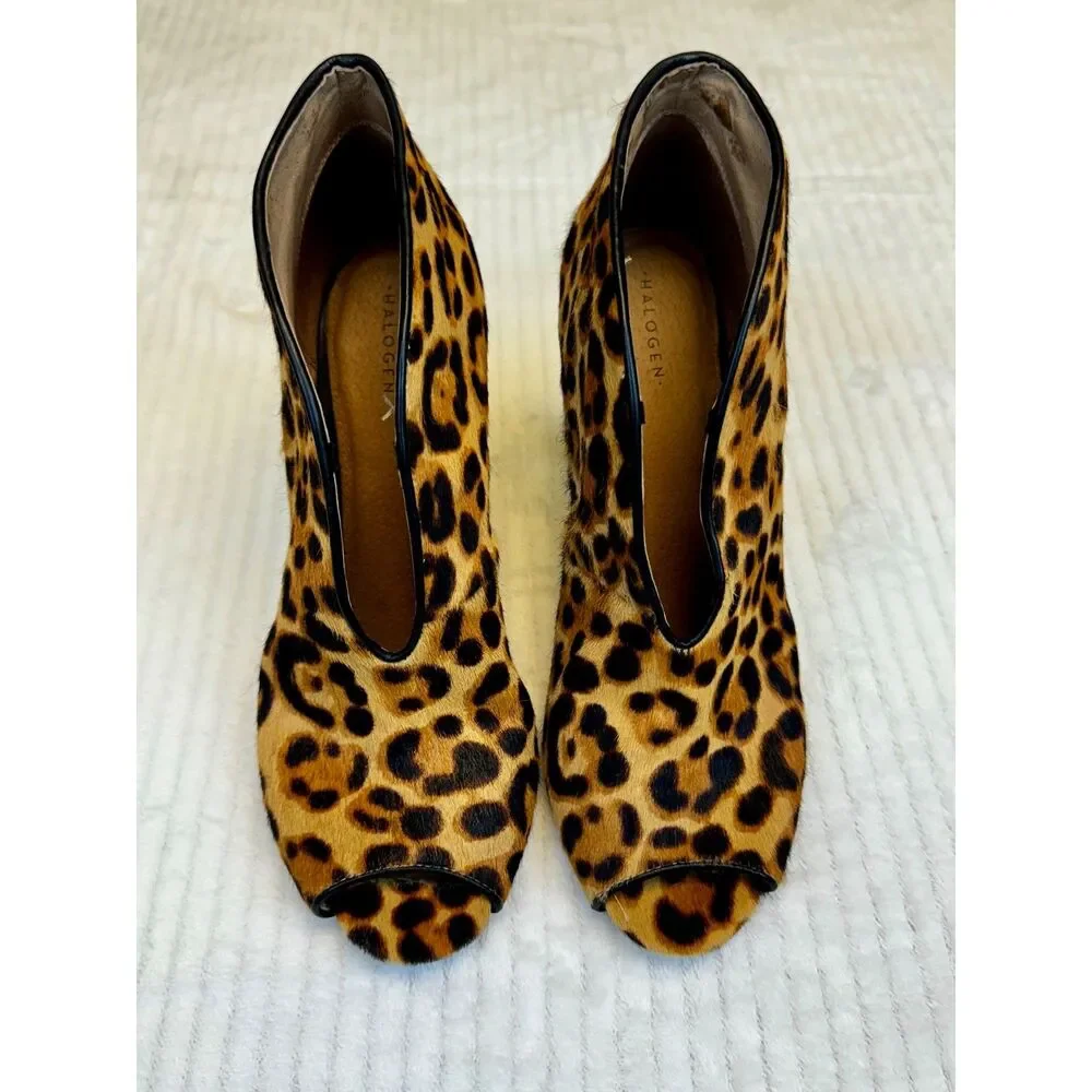 HALOGEN Genuine Calf Hair Leopard Peep Toe Booties, Sz 8.5M